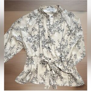 Sweet Rain Women’s Peplum Elastic Tie-Waist Button-Up Floral Top Beige/Blue M